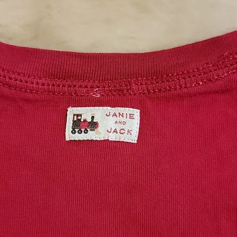 JANIE AND JACK RED LONG-SLEEVE T-SHIRT WITH TRAINS, SIZE 12-18 MONTHS